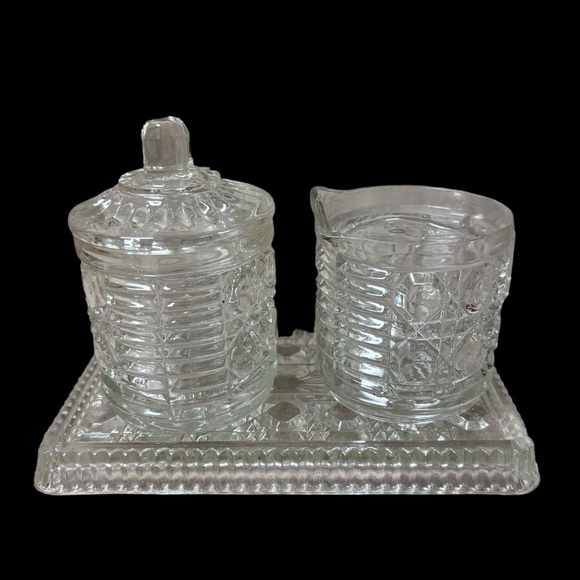 FEDERAL GLASS WINDSOR pressed glass cream and sugar on tray - Picture 2 of 8